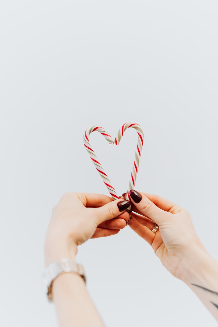 person holding striped red and white candy canes